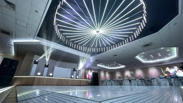 A London wedding venue lit with a ring of white beams